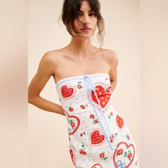 For Love & Lemons Daisy Mae Heart Cherry Print Strapless Ruffle Midi Dress - Picture 6 of 12